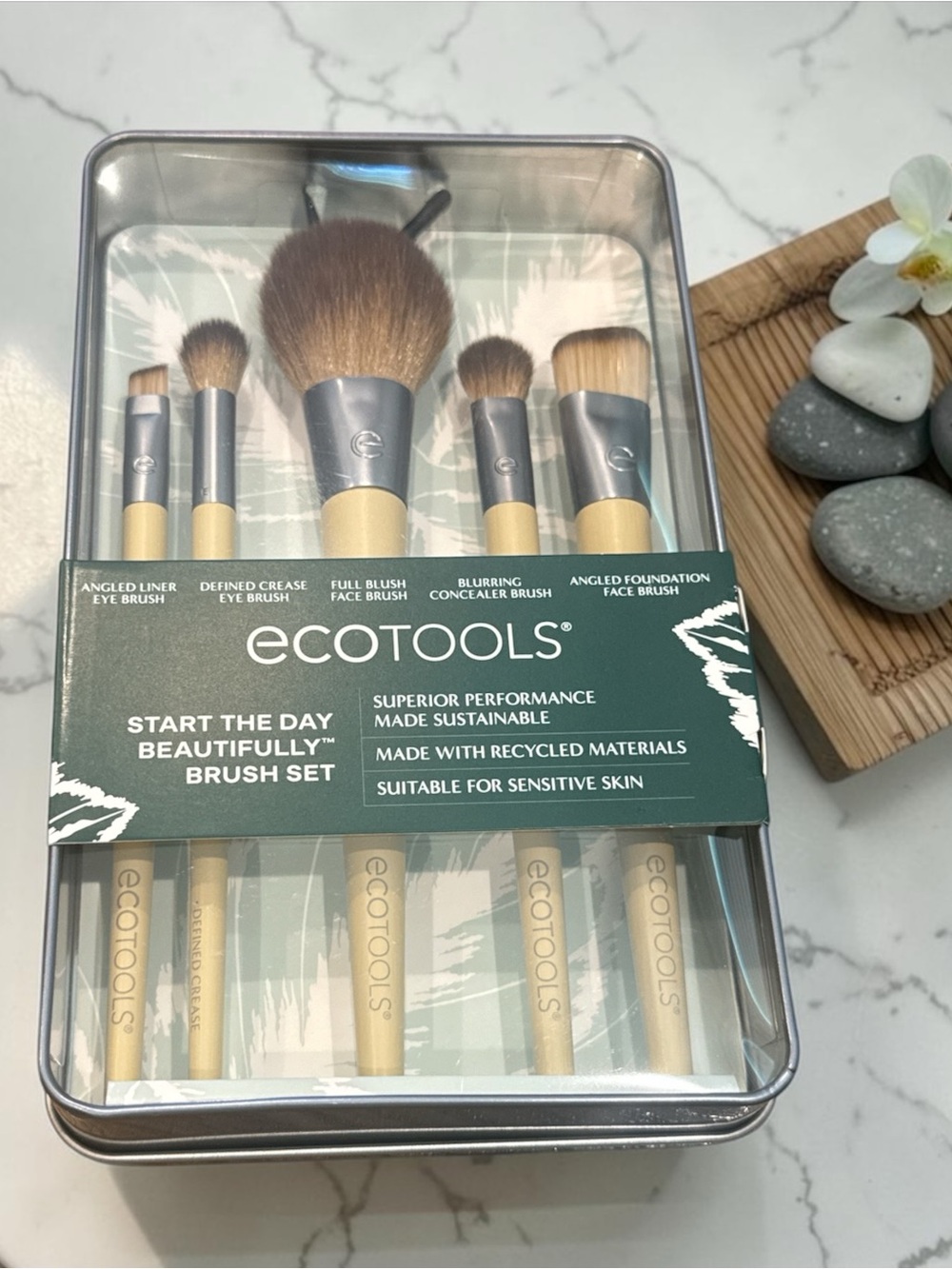 NWT Ecotools Natural Beige Handle Brush Set with Silver Ferrules